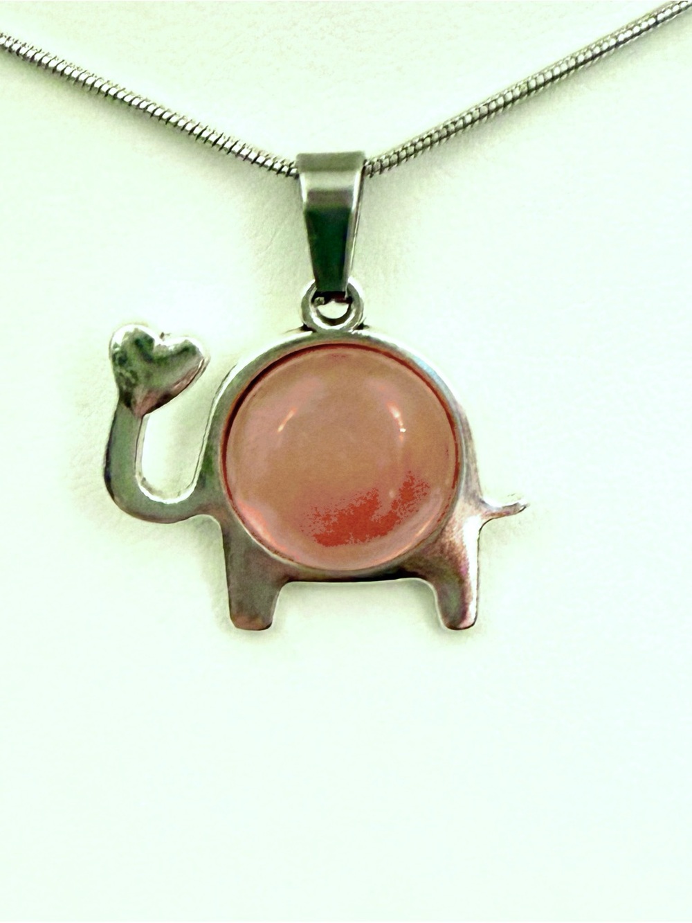 S925 Sterling Silver Genuine Pink Rose Quartz Elephant Love Necklace 16"